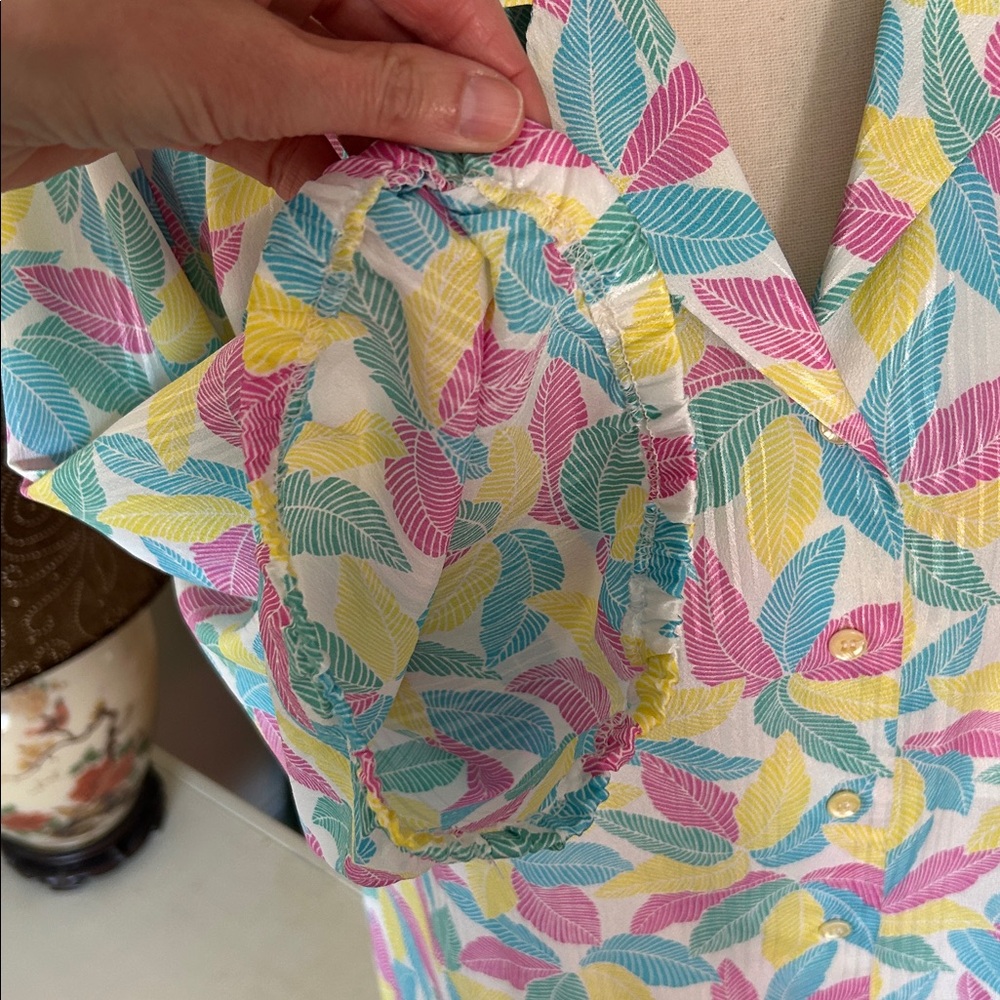Frayne Vtg white, tropical leaf granny button-down shirt, USA made XL - Picture 4 of 13
